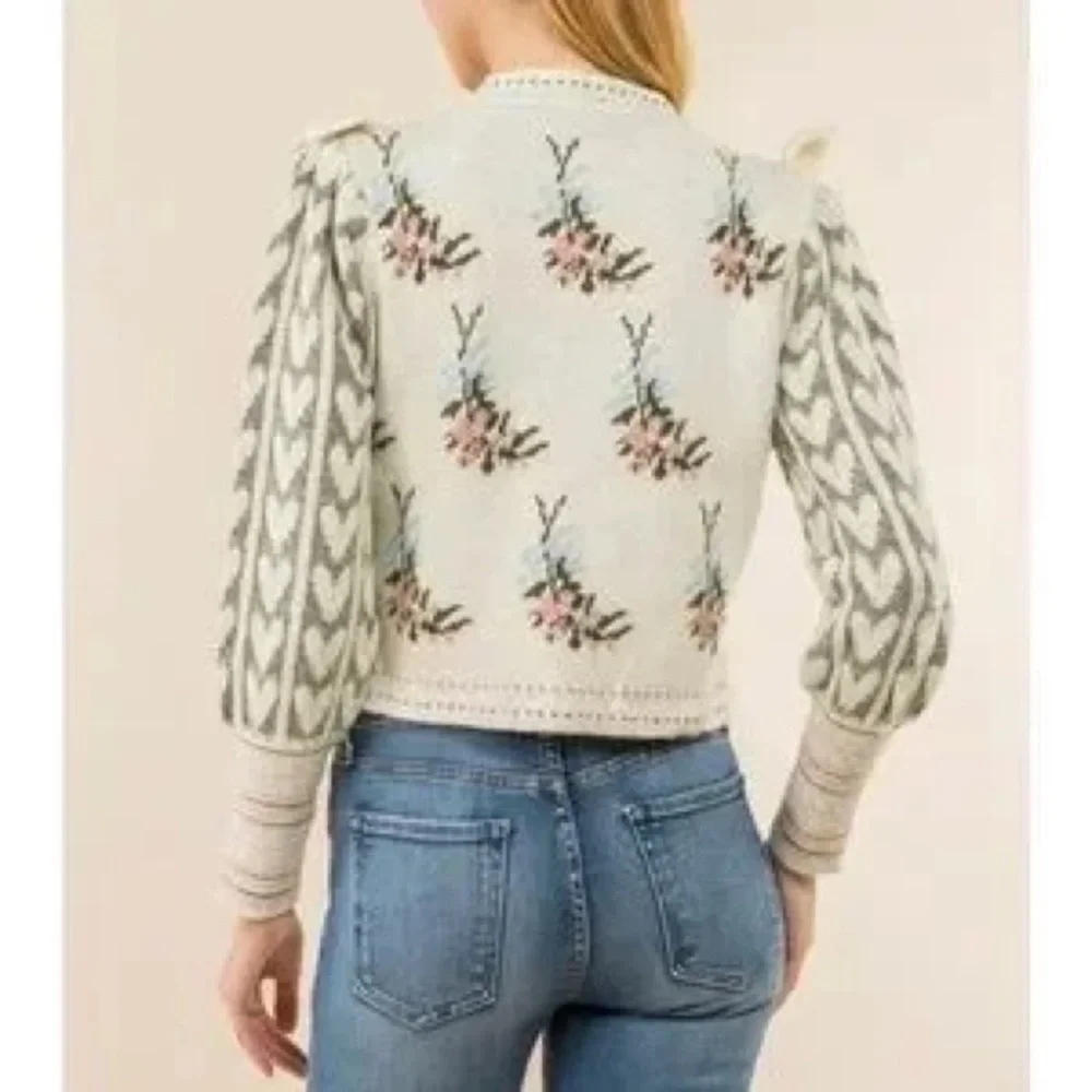 CIDER Ruffle Cream Pink Blue Knit Sweater w Balloon Sleeves like LOVESHACK FANCY
